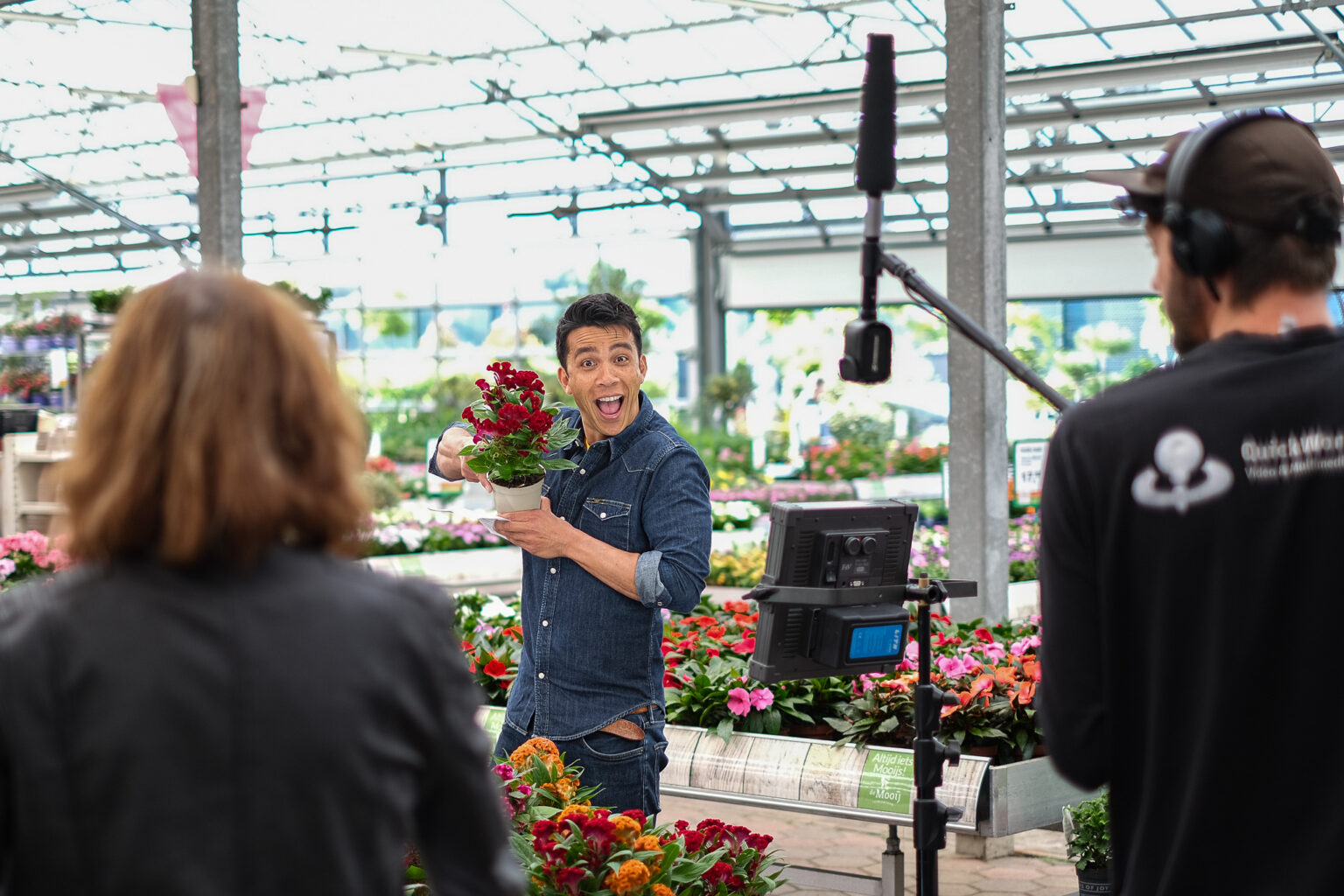 Behind the scenes of recording inside of gardening center according to script