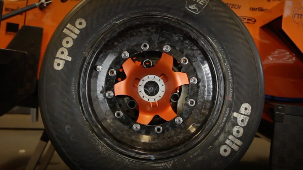 Closeup of wheel on electric race car