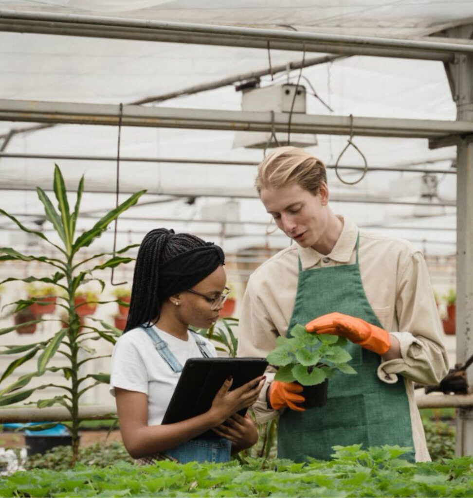 two people talking about a plant inside of greenhouse